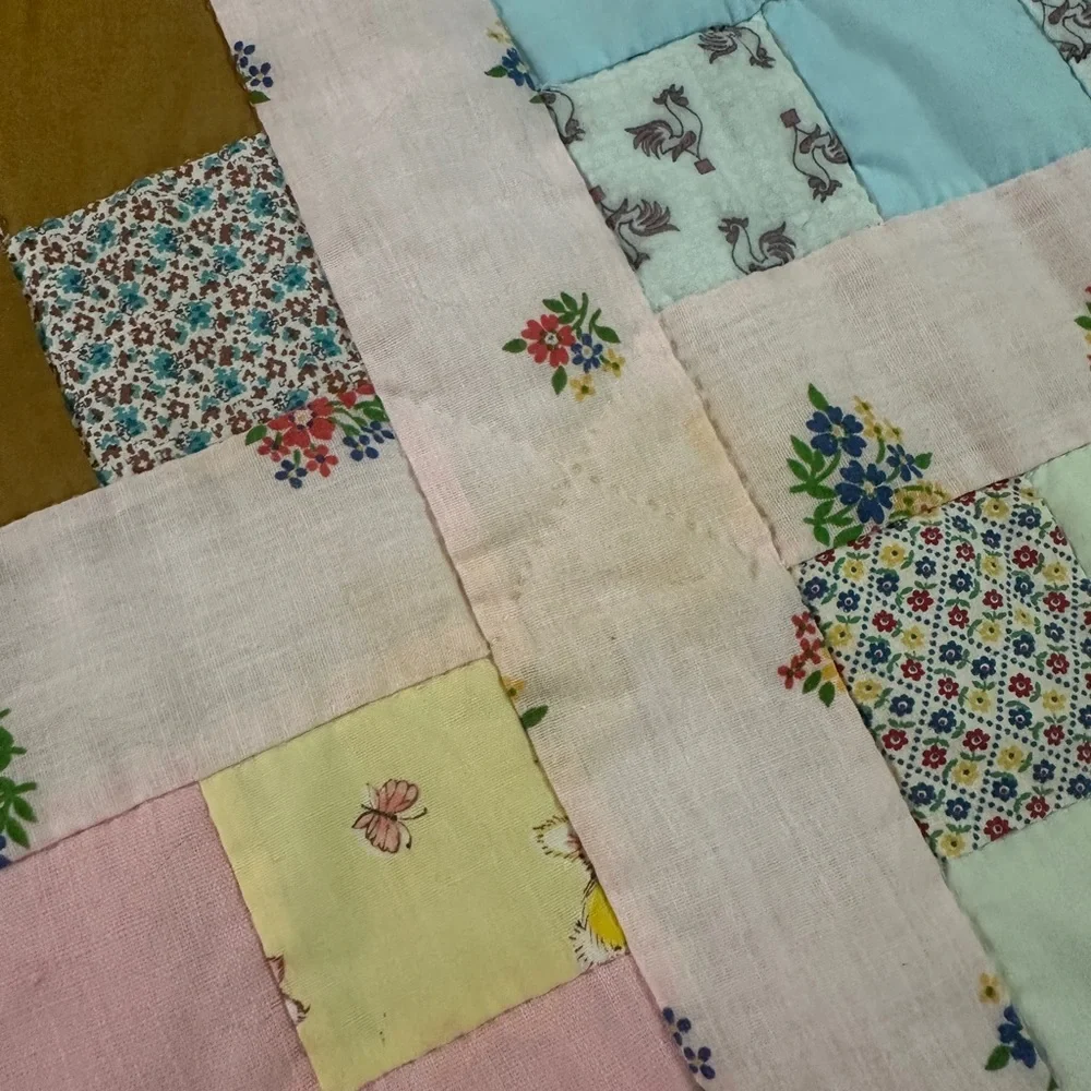 Handmade 9 Patch Pattern Baby Girl Quilt 36.6x52.5” Floral Bunnies Rooster
